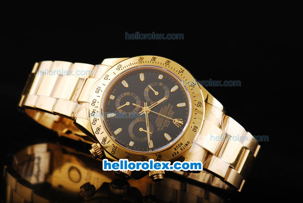 Rolex Daytona Oyster Perpetual Swiss Valjoux 7750 Automatic Movement Full Gold with Black Dial and White Stick Markers - Click Image to Close